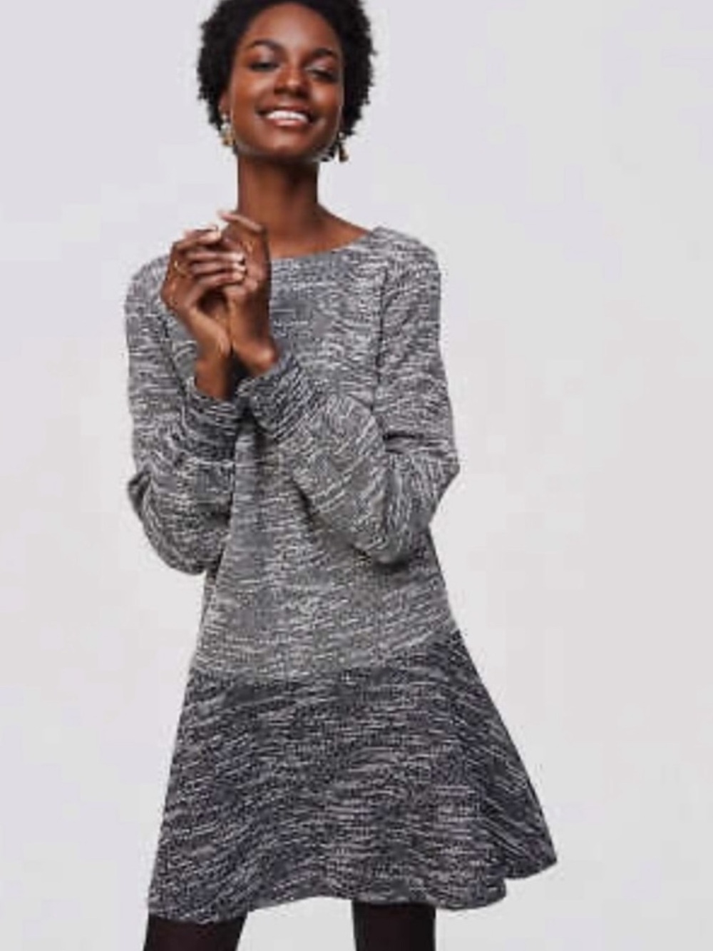 LOFT Gray Tweed Marled Fit Flare Flounce Sweater Dress Size Medium